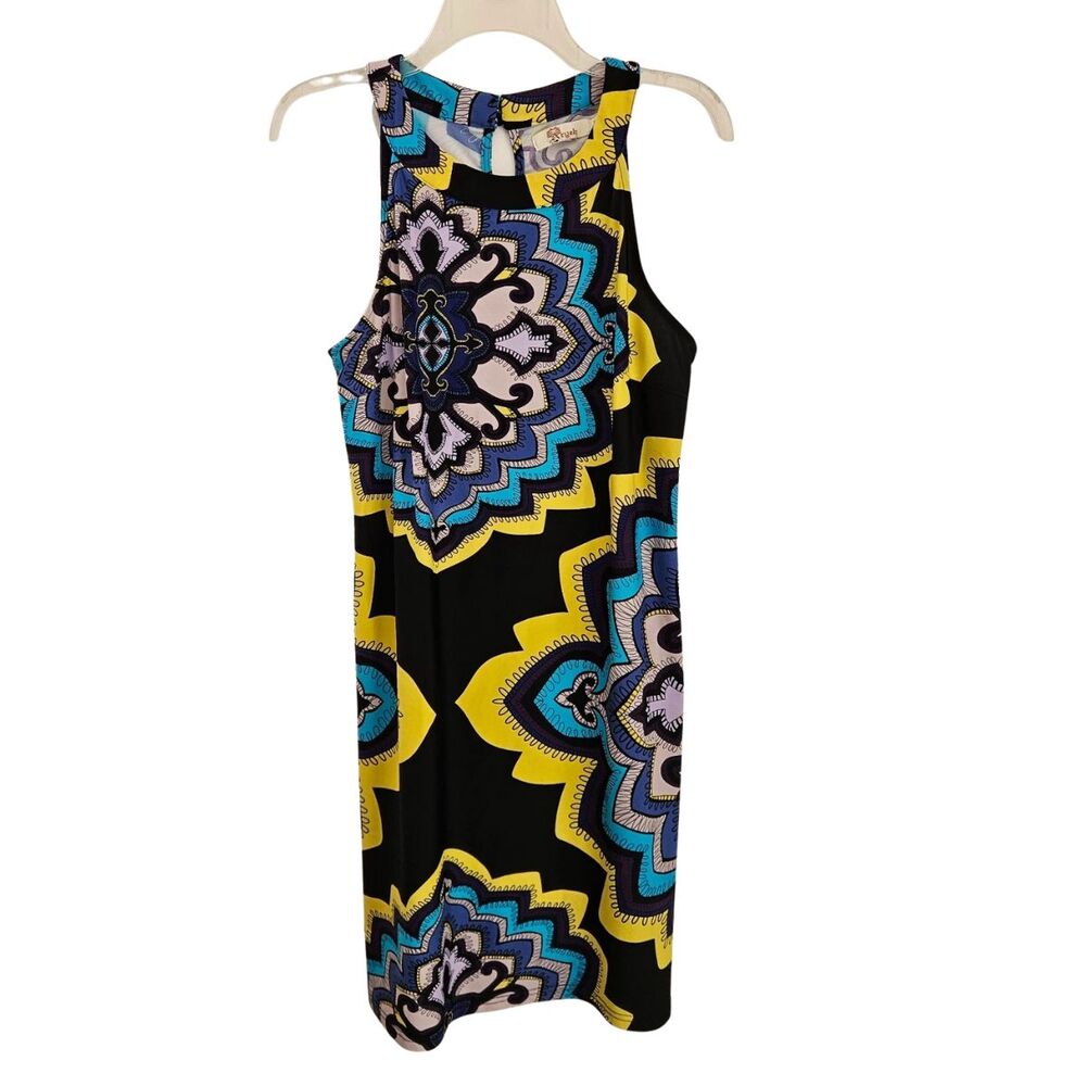Anthropologie Ayreh Dress Medium Sleeveless A-Line Black Yellow Blue Medallion